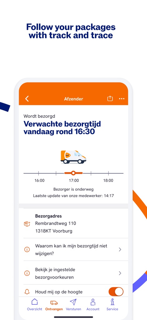 PostNL - Users can track their packages in real-time, observing the detailed delivery timeline with a truck icon and viewing the specific "Bezorgadres" (delivery address) information.