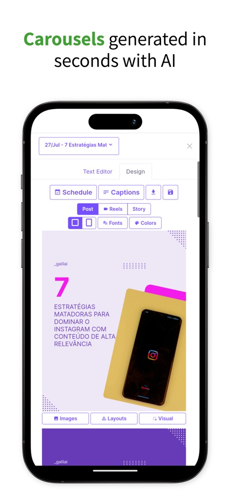 Reels & Posts Maker - GalilAI - Les utilisateurs peuvent concevoir des carrousels attrayants en quelques secondes, avec des options d'édition avancées pour les images et les mises en page.