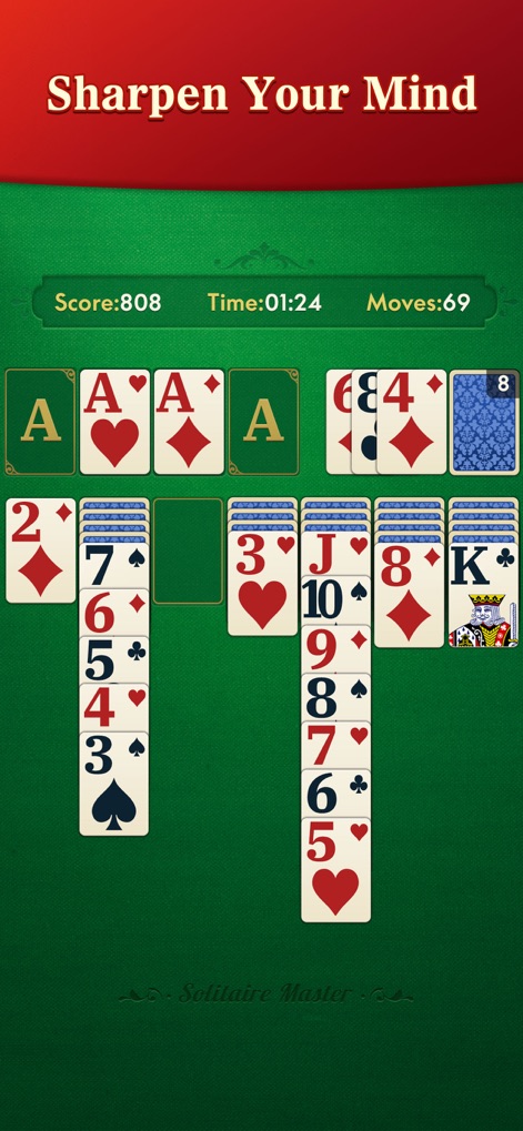 Solitaire Master - Classic - Esta captura muestra la interfaz de juego activa, donde los usuarios pueden seguir su puntuación actual y el tiempo transcurrido, promoviendo el desarrollo de habilidades cognitivas en cada partida.