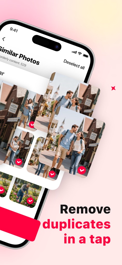 Powerful Clean: Phone Cleaner - This tool highlights "Similar Photos" for quick review and features a prominent "Remove duplicates in a tap" call to action.