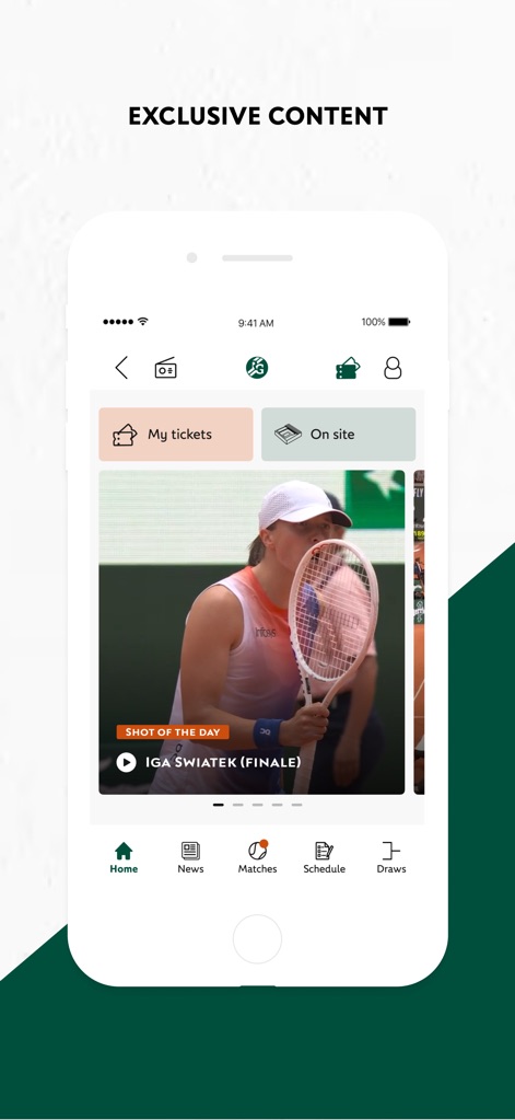 Roland-Garros Official - Users can dive into exclusive video highlights featuring key players and filter content using contextual category tabs such as 'My tickets' and 'On site'.