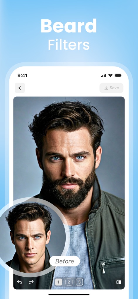 Hair AI: Hairstyle Filter, Cut - Los usuarios pueden aplicar diversos estilos de barba completos y ver el impacto instantáneamente gracias al filtro 'Antes', que muestra la diferencia entre con y sin barba.