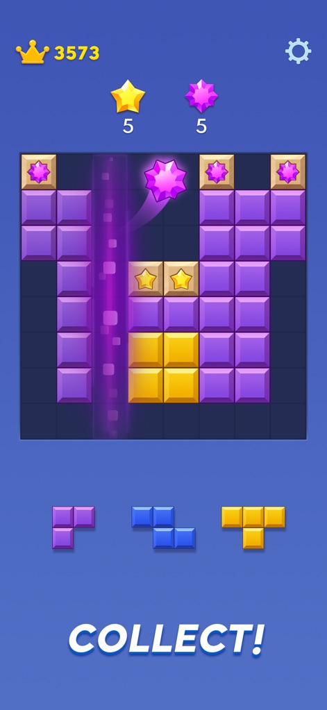 Block Blast！ - Witness special star-shaped blocks being collected, showcasing the unique elements within Adventure Mode or daily challenges, accompanied by vibrant clear effects.