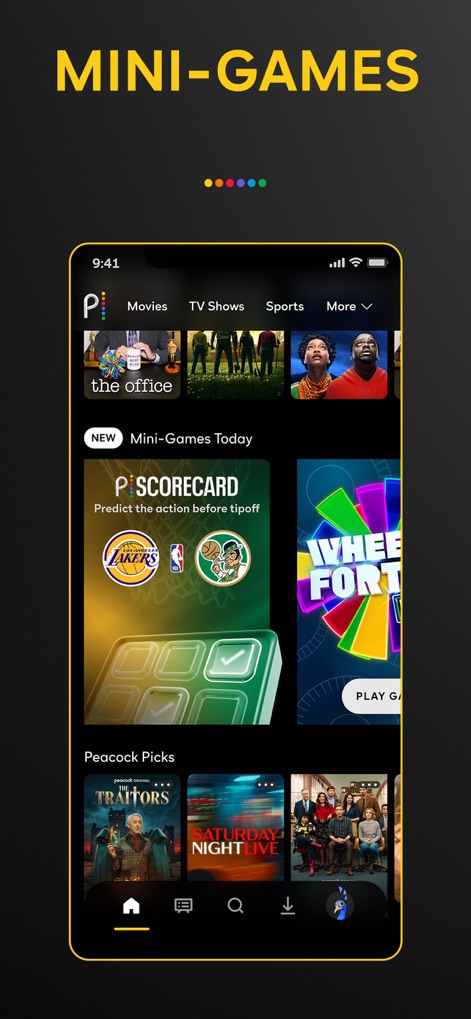 Peacock TV: Stream TV & Movies - The app introduces engaging mini-games such as 'P Scorecard' predictions and a 'Wheel of Fortune' interactive experience for added fun.