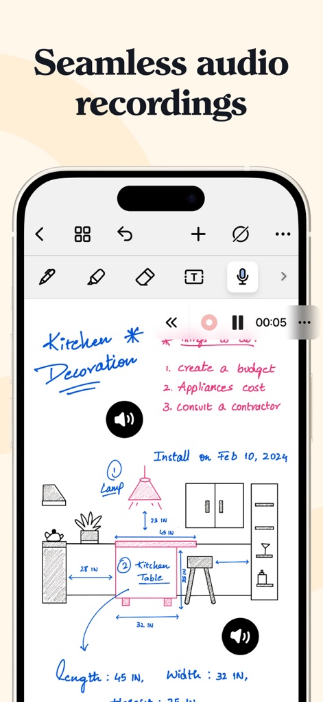 Noteshelf 3: AI Digital Notes - 本アプリは、ノート内でのシームレスな音声録音機能を提供し、手書きのスケッチとタスクリストと同期させることで、会議や講義の重要な情報を逃しません。