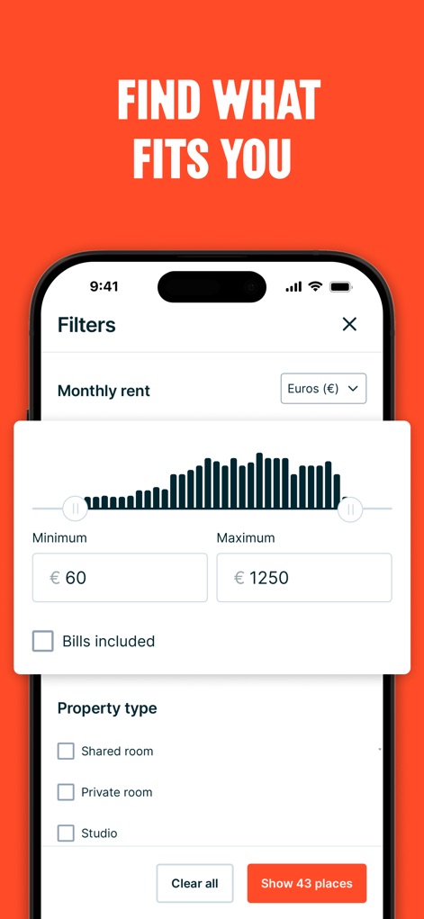 HousingAnywhere - Users can precisely tailor their search results using the interactive 'Monthly rent' slider and select desired 'Property type' checkboxes to find their ideal accommodation.
