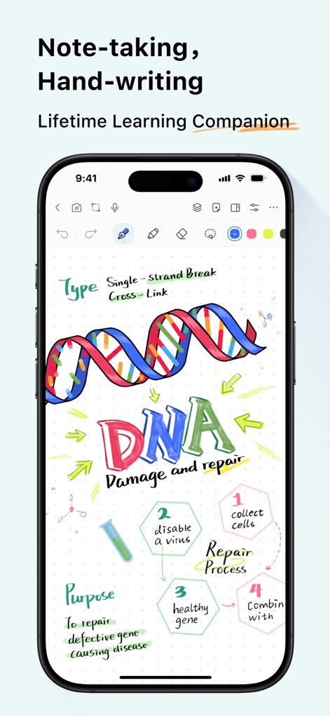 StarNote: Handwriting&PDF - Experience the app's proprietary ink engine for responsive, low-lag handwriting, as seen with the detailed DNA diagram and the versatile pen tool options at the top.