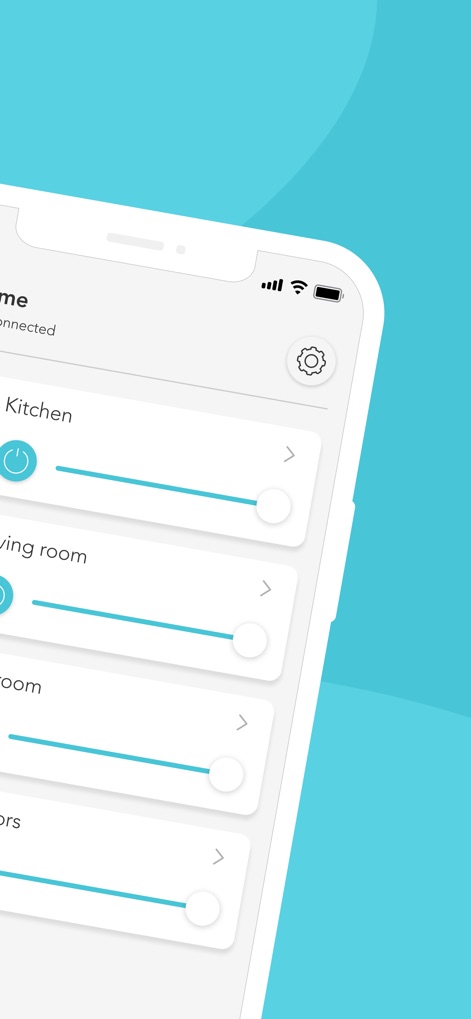 Plejd - 個々の部屋の調整スライダーと設定アイコンにより、ユーザーは各空間の照明やデバイスを細かくコントロールできます。