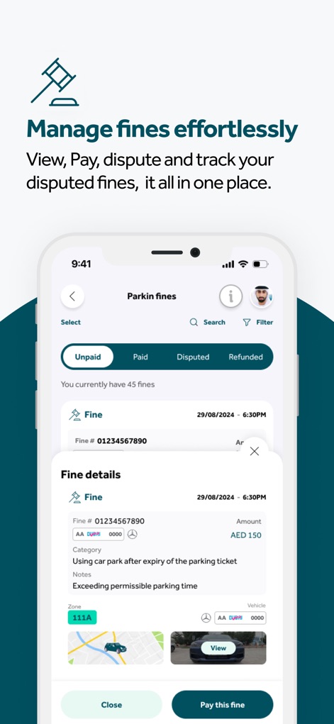 Parkin - La pantalla exhibe la gestión integral de multas de estacionamiento con pestañas para ver multas "Unpaid" y "Paid". También se aprecian los detalles de una multa específica, incluyendo el importe de AED 150 y un botón para pagarla.