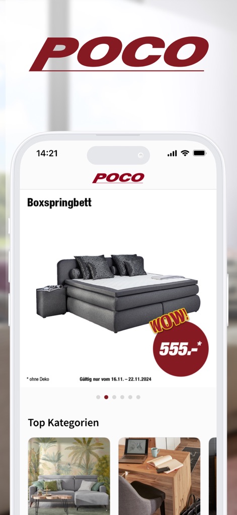 POCO I Möbel, Deko & Prospekte - Esta tela inicial destaca um produto em oferta, um "Boxspringbett", e exibe categorias principais para navegação fácil.