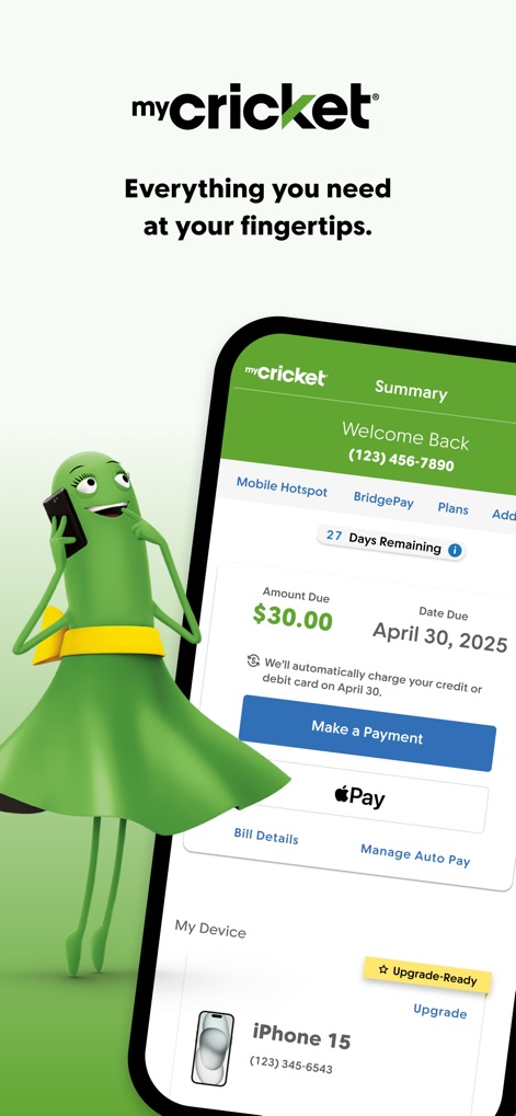 myCricket App - Die App zeigt Nutzern den fälligen Betrag sowie das aktuell genutzte Gerät wie das "iPhone 15", um wichtige Informationen sofort zu erfassen.