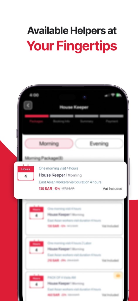 Hemah | همه - This tool allows users to explore detailed service offerings, presenting various 'Packages' for 'House Keeper' services, including specific visit durations like '4 hours'.