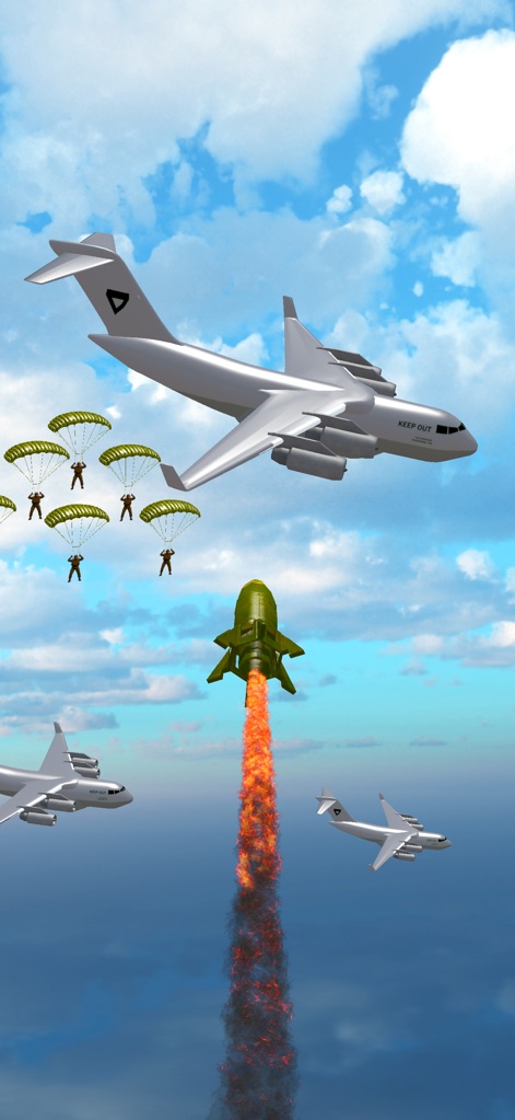 Uboat: Sea War - Observe a formidable missile ascending to engage multiple transport aircraft deploying paratroopers, showcasing the game's depiction of critical defensive maneuvers and aerial threats.