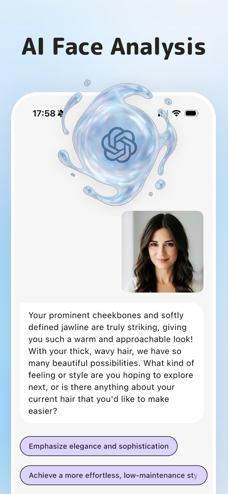 HairTry: Haircut Simulator - L'analyse faciale IA offre des recommandations personnalisées, basées sur des traits distinctifs comme les Pommettes saillantes et la forme de la Mâchoire, pour suggérer des styles parfaitement adaptés.