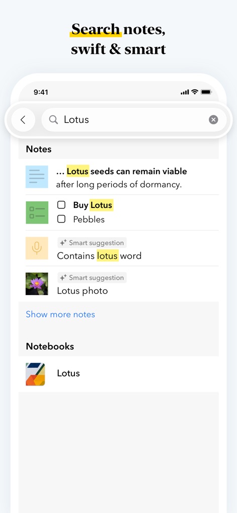 Notebook – Notes, Notepad - A funcionalidade de busca rápida e inteligente permite aos usuários localizar notas específicas, exibindo resultados categorizados que incluem trechos de texto e nomes de cadernos como 'Lotus'.