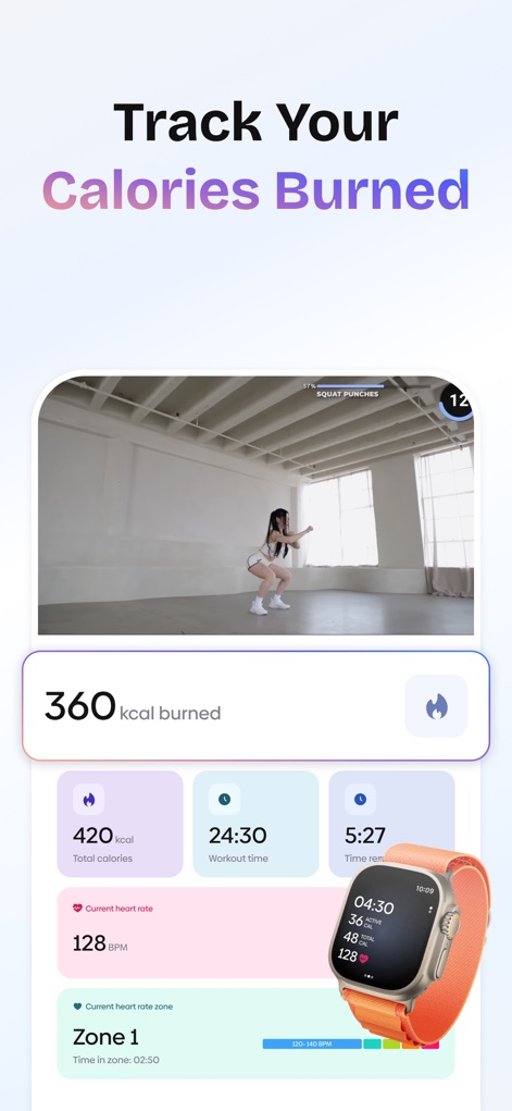 Core: Fitness & Nutrition - Acompanhe as calorias queimadas durante os treinos, detalhadas por um contador proeminente e estatísticas abrangentes de frequência cardíaca e tempo de exercício.