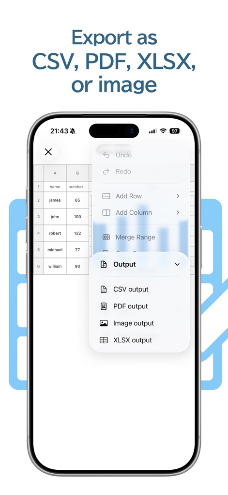 Table Notes Spreadsheet maker - O aplicativo oferece diversas opções de exportação, como é visível no menu suspenso, que inclui saídas para "CSV output", "PDF output" e "XLSX output", facilitando o compartilhamento e a portabilidade dos dados.
