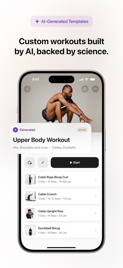Motra AI Workout Fitness Coach - Discover how the app generates 'AI-Generated Templates' for custom workouts, providing detailed plans like the 'Upper Body Workout' with specific exercises and rep ranges.