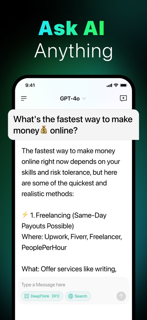 AI Chatbot & Design Assistant - A interface de chat permite aos usuários fazer perguntas complexas, como "What's the fastest way to make money online?", e receber respostas detalhadas com opções de "DeepThink" ou "Search".