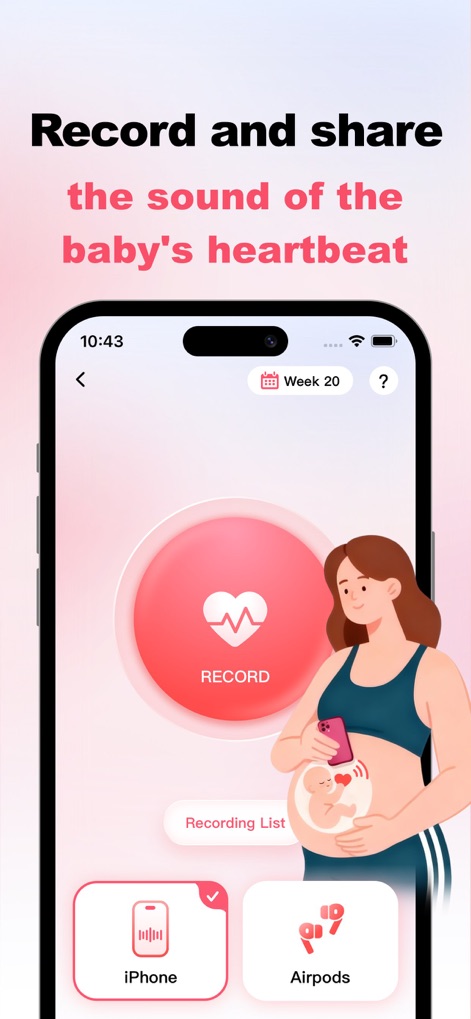 Wellpulse-Heart Health Tracker - The app allows expectant mothers to capture their baby's heartbeat sounds using either the iPhone's microphone or AirPods, clearly indicated by the selection options.