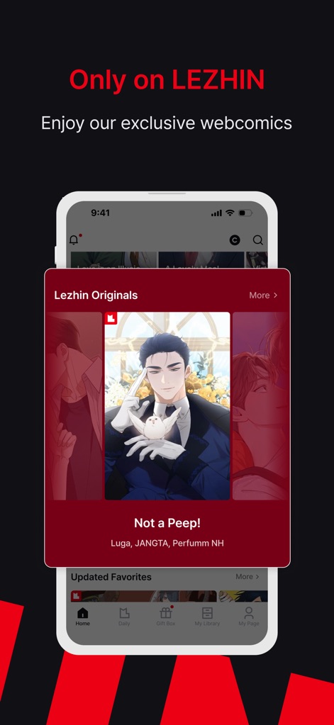 Lezhin Comics-Premium Webtoons - Hier werden die einzigartigen "Lezhin Originals" hervorgehoben, mit einem markanten Cover wie "Not a Peep!", das die Qualität der exklusiven Inhalte demonstriert.