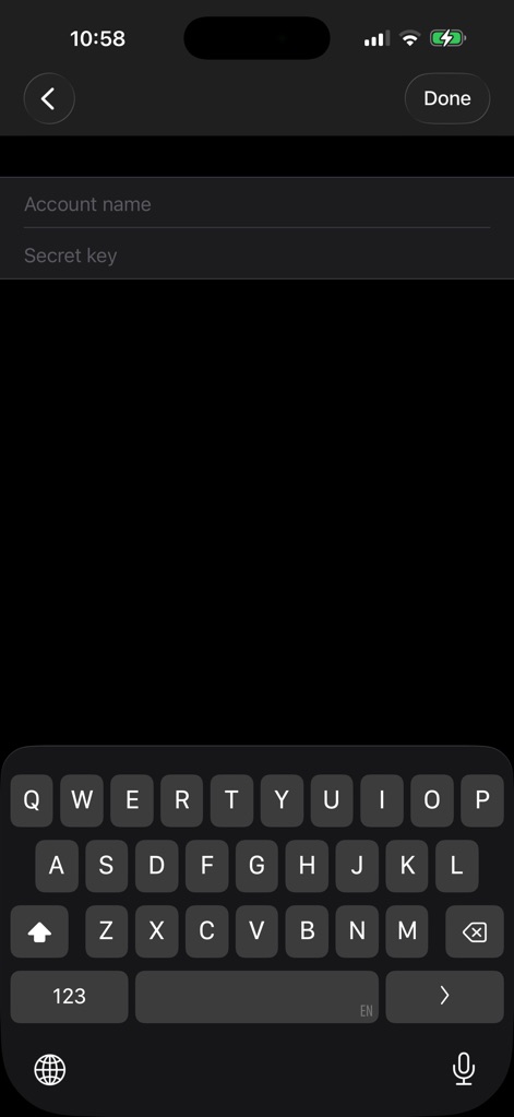 FortiToken Mobile - Users can activate custom tokens by inputting an 'Account name' and 'Secret key' using the integrated keyboard for direct entry.