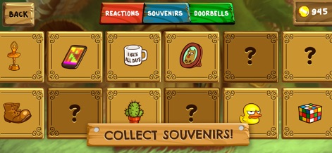 Do Not Disturb! Prank Games - Les joueurs peuvent enrichir leur collection d'objets amusants comme un trophée ou un cactus, et personnaliser l'expérience en explorant l'onglet 'DOORBELLS' pour de nouvelles sonnettes.