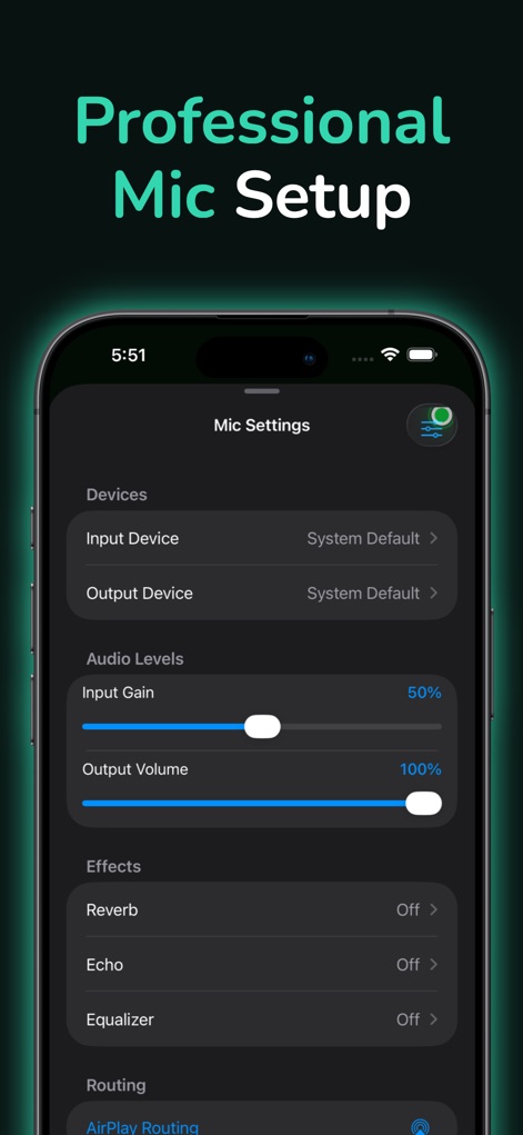 Mic to Speaker - Virtual Mic - Users can fine-tune their audio experience through detailed mic settings, adjusting precise input gain levels and activating advanced effects like Reverb and Echo.