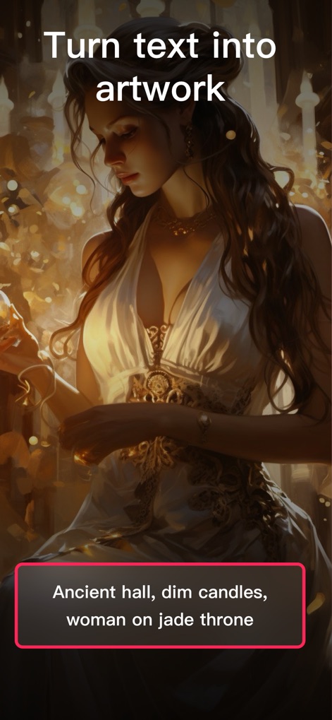 AIArt - AI Picture Generator - La aplicación transforma descripciones de texto en obras de arte digitales, como se observa en la figura femenina de fantasía detallada y el campo de entrada de texto que define la escena.