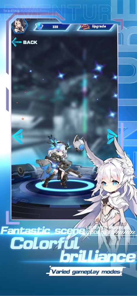 Star Summoning-Place Adventure - Observe the intricate character models in action within a futuristic battle environment, alongside essential UI elements for upgrades and navigation.