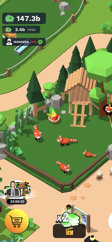 Idle Zoo Tycoon 3D - Explore the lush red panda enclosure, featuring natural-looking foliage and a charming wooden play structure, highlighting the app's varied animal management and current profit display.