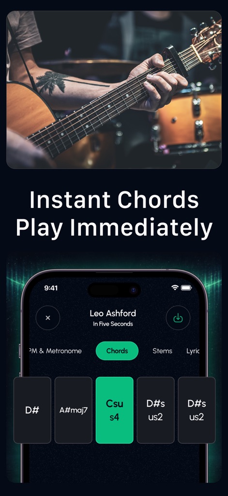 Stem Music and Voice Remover - Observe the app's capability to instantly identify and display song chords, empowering users to play along with clear chord boxes.