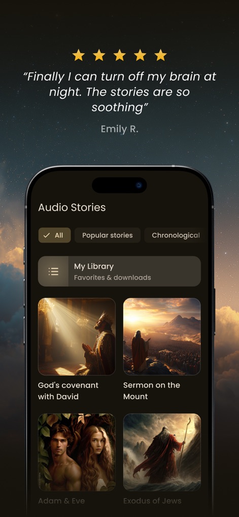 BeBlessedMe - This tool organizes a rich "Audio Stories" library, enabling users to explore content through filters like "Popular stories" and save personal selections in "My Library".