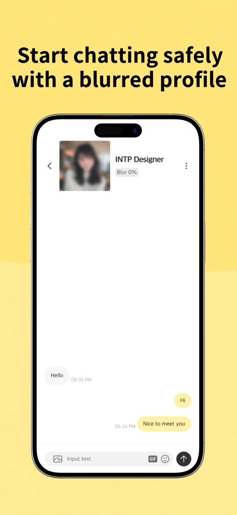 Blurry - Safe Chat That Clears - 사용자는 상단에 표시된 '흐릿한 프로필'과 '안녕하세요'와 같은 초기 대화 메시지를 통해 부담 없이 대화를 시작하며 안전하게 소통할 수 있습니다.