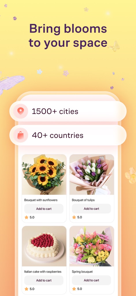 Flowwow: Flower Marketplace - Users can connect with shops across '1500+ cities' and '40+ countries', facilitating global gift-giving with a wide array of products, from sunflowers to cakes.
