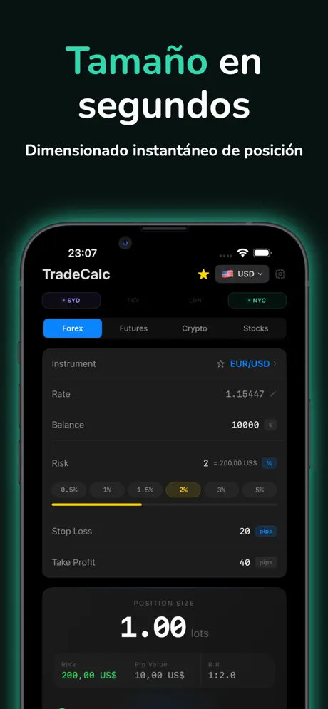 TradeCalc Tamaño de Posición — captura de pantalla del iPhone 1