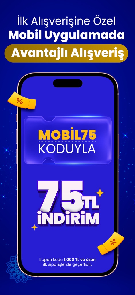 pttavm - Online Alışveriş - Esta pantalla muestra una oferta tentadora de "75 TL de Descuento" con el código "MOBİL75", revelando las condiciones para "primeras compras de 1.000 TL o más" directamente en la aplicación.