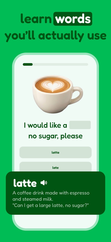 TalkMe: Speak & Learn English - This tool facilitates practical vocabulary acquisition, displaying the definition and pronunciation for words like "latte" and providing contextual example sentences.