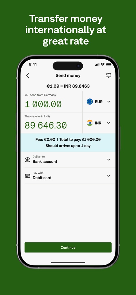Neteller - Money Transfer - L'application facilite les transferts internationaux avec un taux de change clairement affiché entre l'EUR et l'INR, et propose des options de livraison flexibles vers un compte bancaire ou une carte de débit.