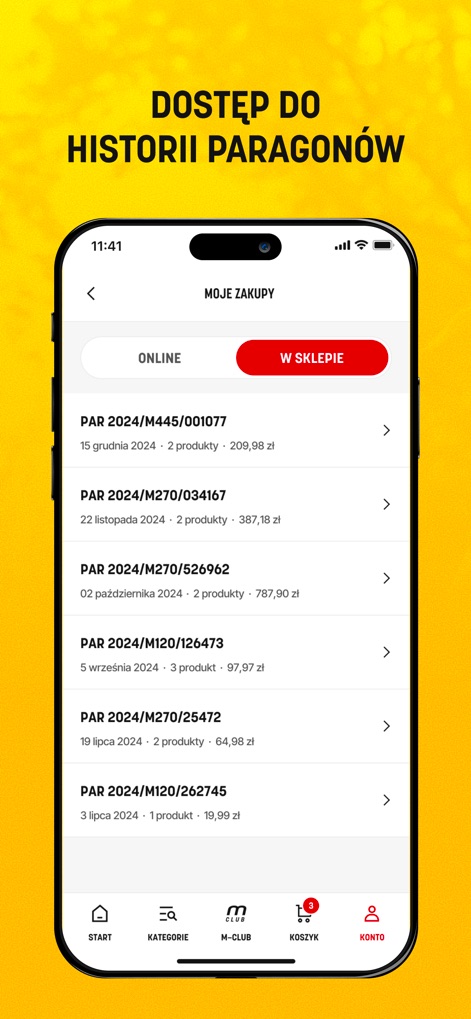 Martes Sport - O aplicativo oferece uma visão organizada dos 'MOJE ZAKUPY', permitindo que os usuários alternem entre transações 'ONLINE' e 'W SKLEPIE', cada uma com data e valor.