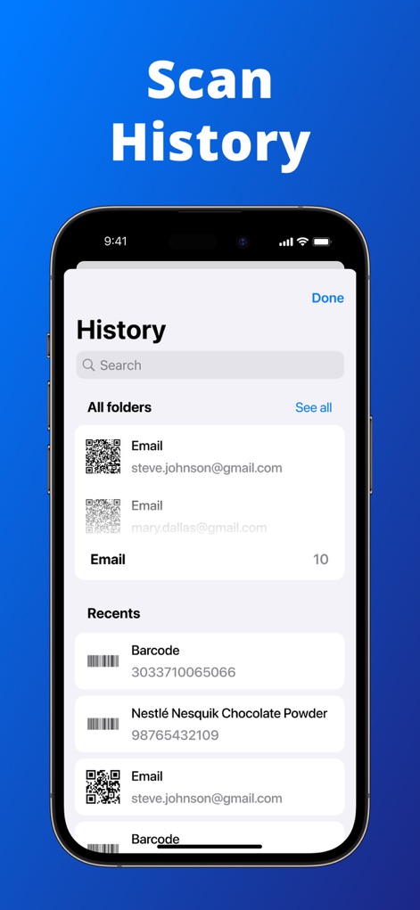 QR Code Reader，Barcode Scanner - Organized Scan History