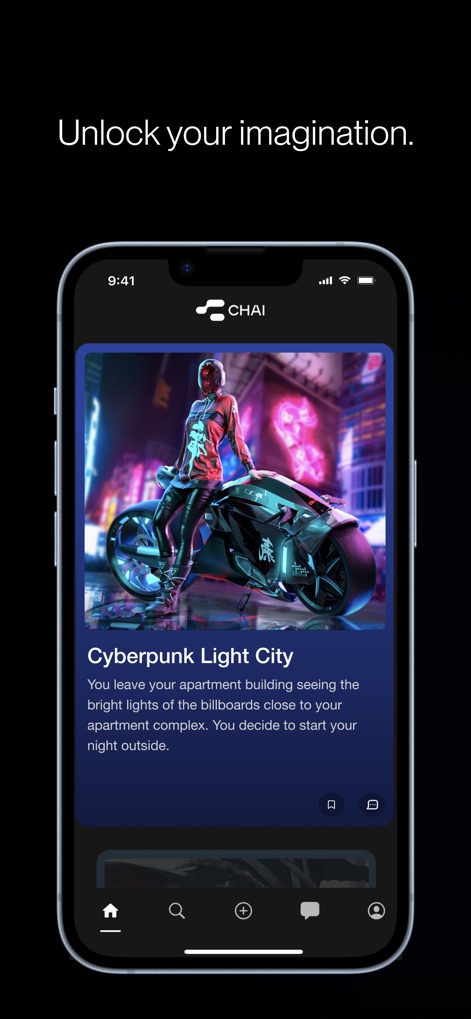 CHAI: Social AI Platform- Chat - 「Unlock your imagination.」をテーマに、このアプリは魅力的なサイバーパンクテーマの画像と、ユーザーを物語に引き込む詳細なシナリオ説明文を提供し、没入感のある体験を創出します。