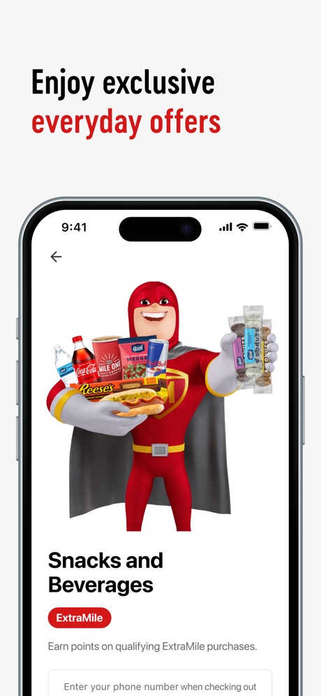 ExtraMile® App Store screenshot 5, headline “Enjoy exclusive everyday offers”. Premium tone.