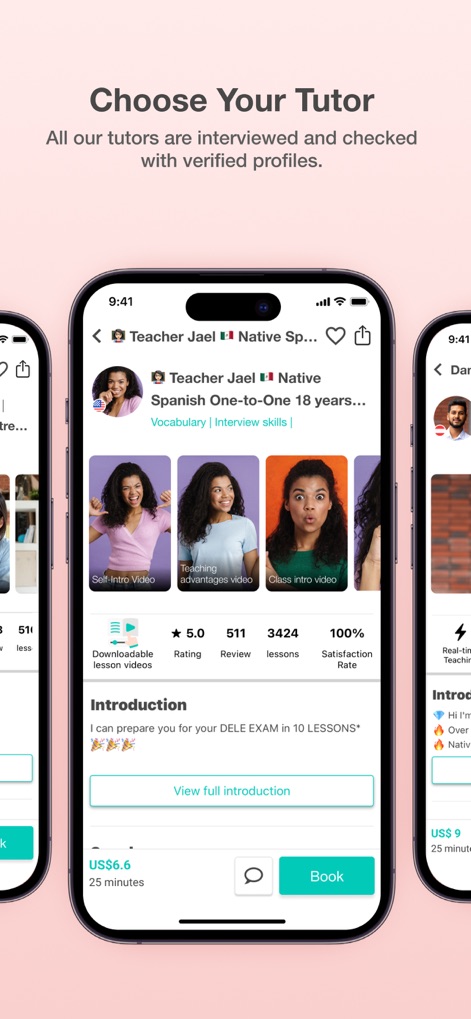 AmazingTalker: Learn Languages - Cet écran présente la richesse des profils de tuteurs, affichant clairement les évaluations des utilisateurs et le nombre de leçons dispensées, ainsi que des vidéos de présentation pour une sélection éclairée.