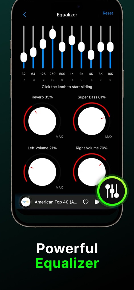 Offline Music, MP3 Player - Um "Powerful Equalizer" (Equalizador Poderoso) é exibido, com controles deslizantes de frequência detalhados e botões para ajustar o "Reverb" e "Super Bass", permitindo personalização sonora avançada.