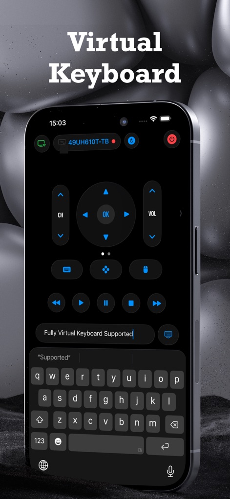 Remote Plus - Smart TV Remote - La aplicación ofrece un teclado virtual completo en la parte inferior de la pantalla, complementado por los controles de navegación superiores, para facilitar la entrada de texto.
