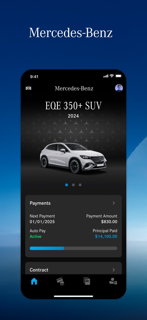Mercedes-Benz Finance (USA/CA) - The app's elegant dashboard provides a comprehensive view of the featured vehicle and crucial payment information, including the next payment due date and active Auto Pay status.