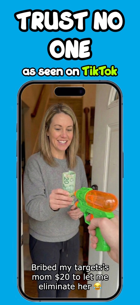 Senior Assassin - This visual highlights the creative and strategic gameplay scenarios users engage in, complete with a humorous 'bribed my targets mom' text overlay and an explicit 'as seen on TikTok' reference.