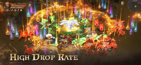 MU: Dark Epoch - Experience the chaotic battlefield with numerous characters engaged in combat, complemented by abundant item drops and vibrant visual effects for exhilarating gameplay.