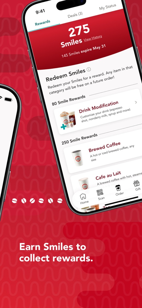 Scooter's Coffee - This tool showcases the accumulated 'Smiles' loyalty points and a clear list of rewards available for redemption, such as drink modifications and free brewed coffee.